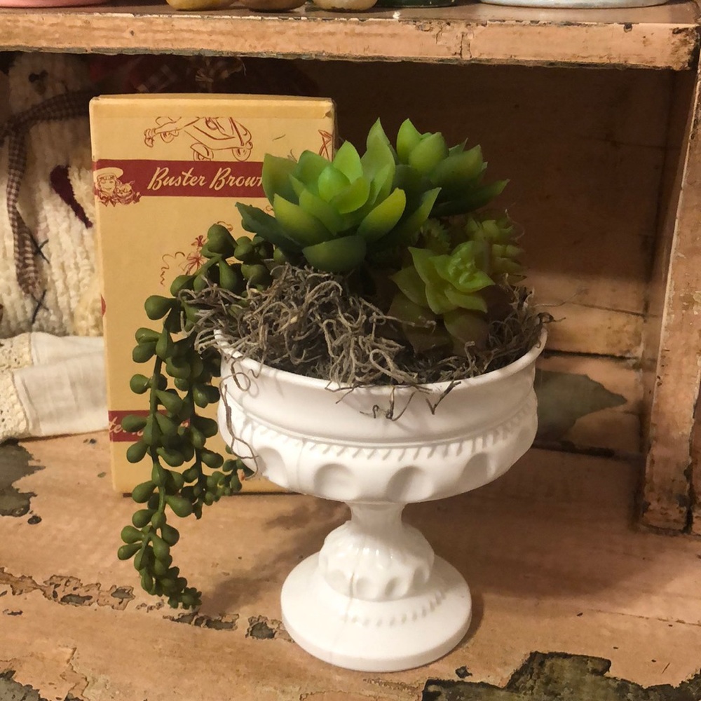 Vintage milk glass with artificial succulents